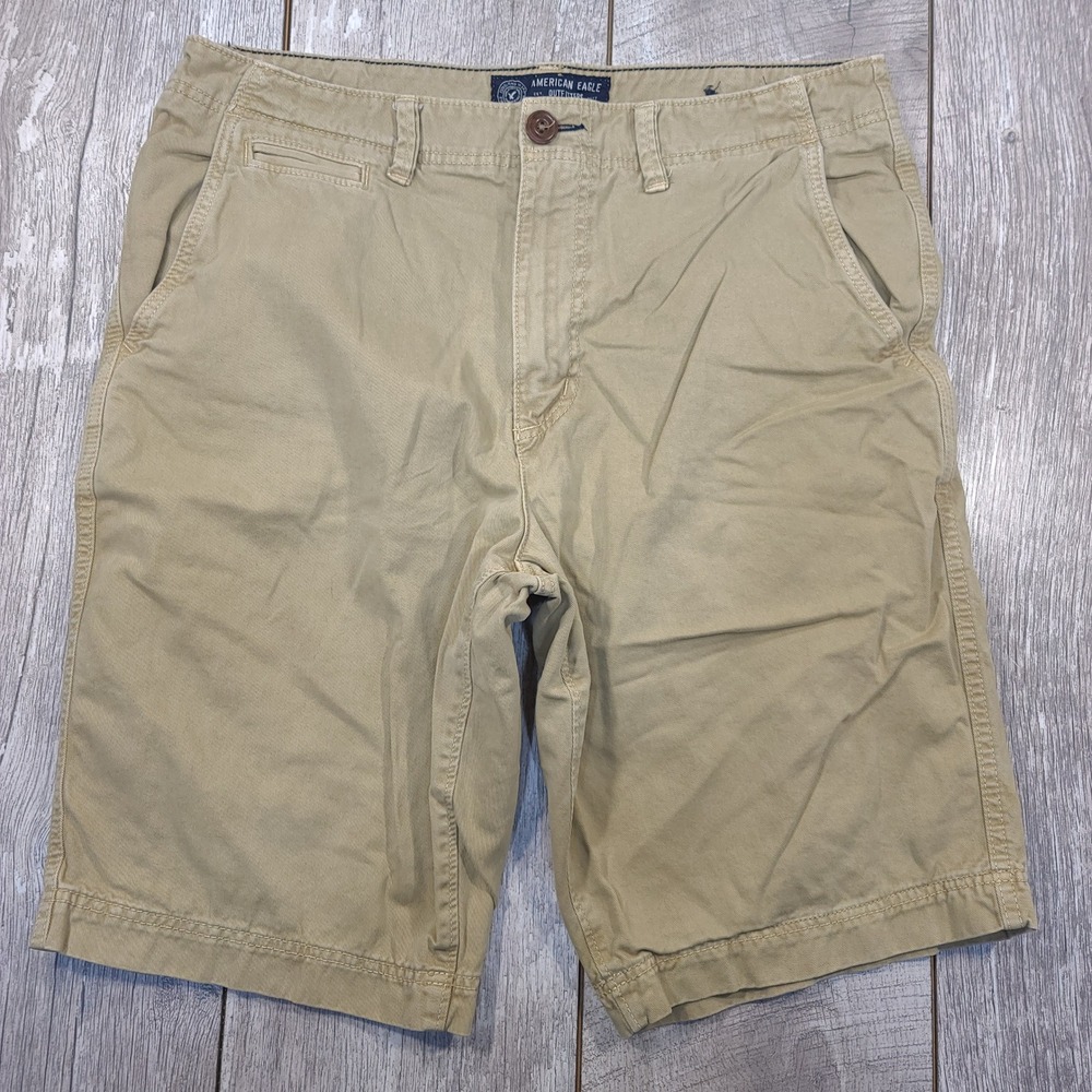 American Eagle Chino Shorts Mens 34 Tan Khaki Longer Length Cotton Twill